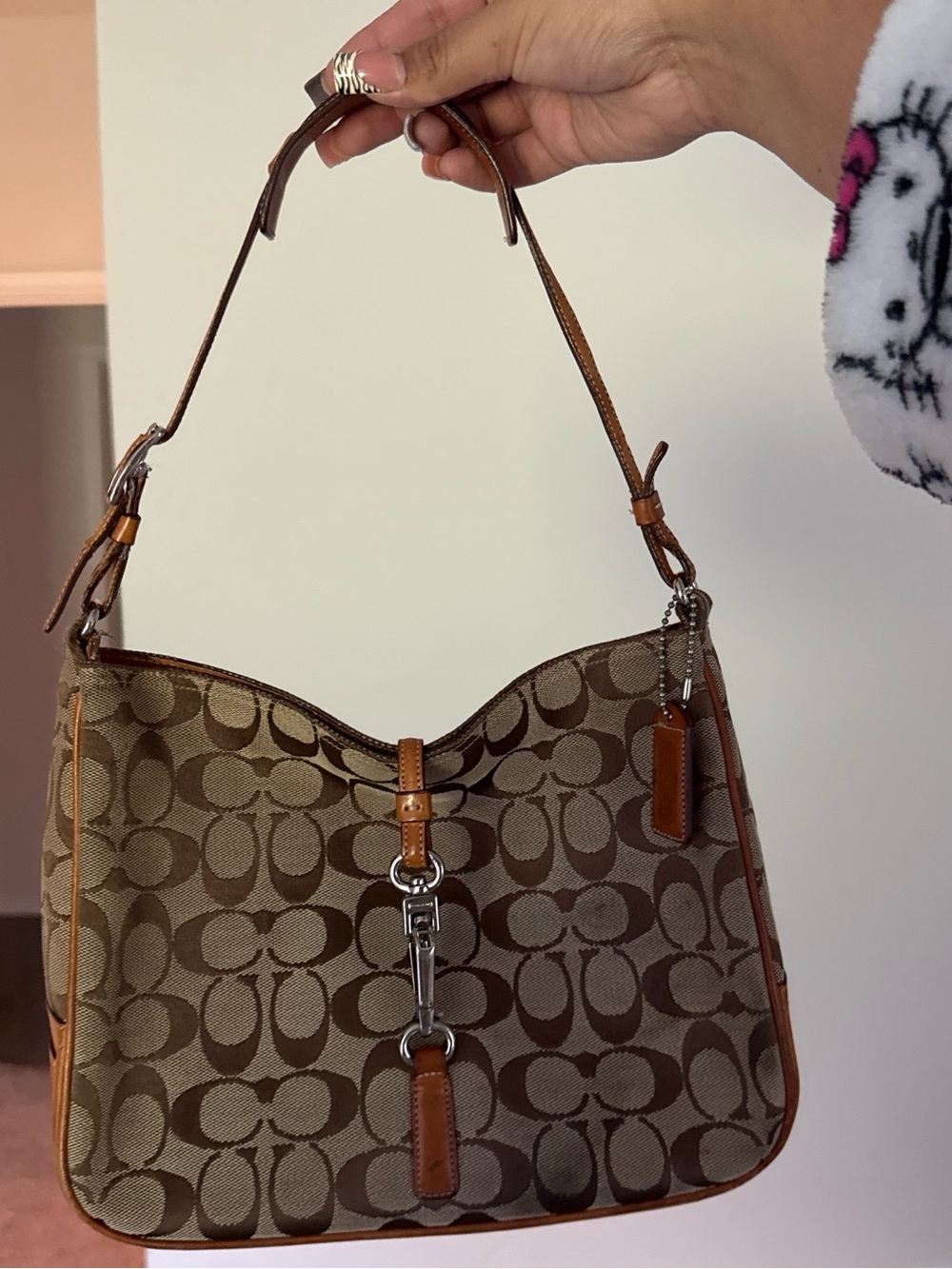 Coach Brown Logo Canvas Shoulder Bag with Tan Leather Trim